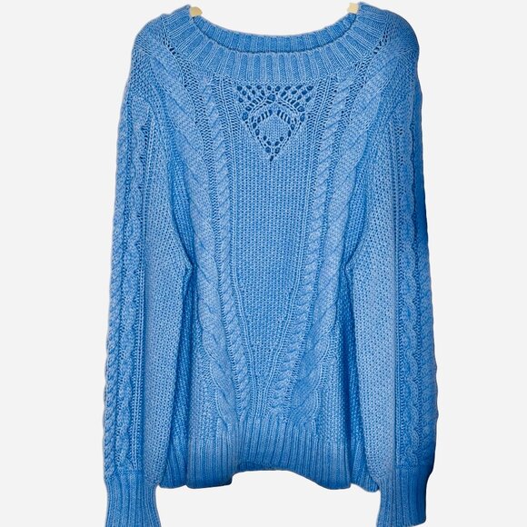 NWOT Talbots Cable Knit Sweater Woman's Plus 2X Balloon Sleeves Blue Crewneck - Picture 1 of 11